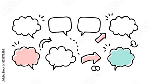 Pink and blue comic speech bubbles with arrows thought bubble