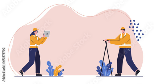 Professional surveyors or engineers collaborating on a construction site, using modern technology like a tablet and surveying equipment. Ideal for industry, planning, and teamwork concepts.