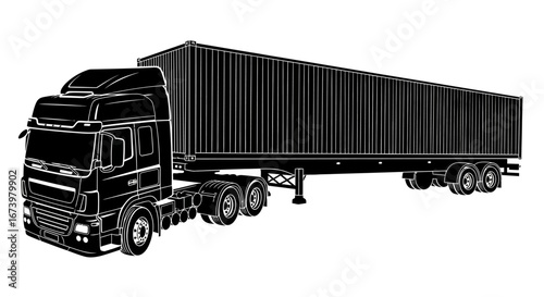 A large, black semi-truck with a long cargo container trailer, shown in a side profile view.