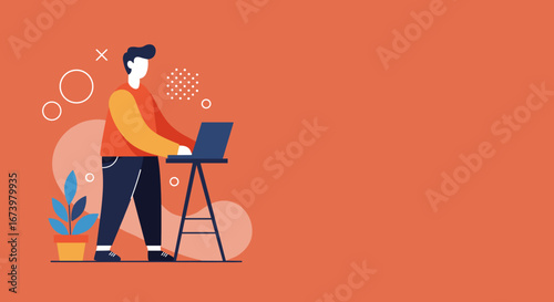 Professional man working on laptop at standing desk. Orange background. Concepts: remote work, productivity, digital lifestyle, technology.