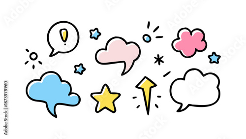 Playful doodle speech bubbles and stars thought bubble