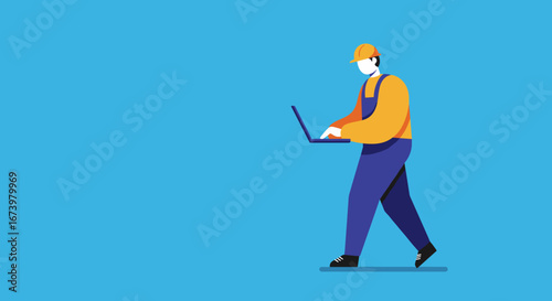 Worker in hard hat and overalls uses a laptop while walking. Concept of mobile productivity, digital transformation, and on-site efficiency for modern industries.