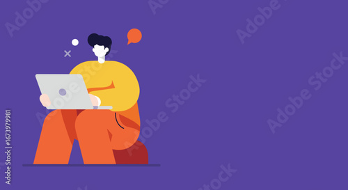A stylized illustration of a person focused on their laptop against a vibrant purple background. Ideal for remote work, digital communication, or online education concepts.