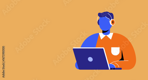 An illustrative person with headphones focused on a laptop, symbolizing remote work, online learning, or customer support. Ideal for technology, business, or educational concepts.