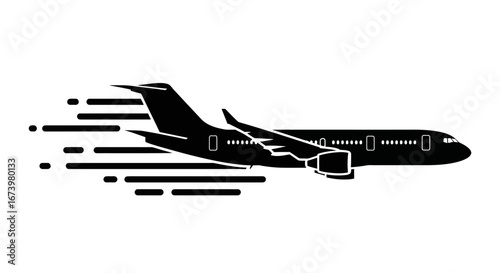 Silhouette of a jet airplane in flight, with speed lines.