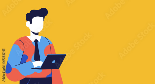 Professional man in colorful flat design works on a laptop, symbolizing modern business, technology, and remote work on a vibrant yellow background.