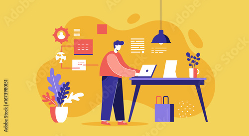 Focused man working on his laptop at a modern desk in a home office, surrounded by task management and digital workflow icons. Ideal for business, technology, and remote work concepts.