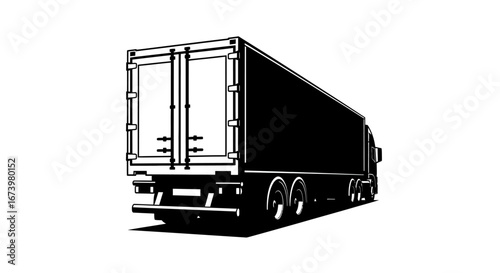 Rear view of a large, black, semi-truck trailer, showcasing its boxy design and double doors.