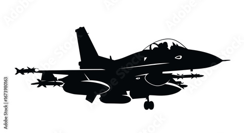 A stylized black silhouette of a fighter jet, armed and ready for flight.