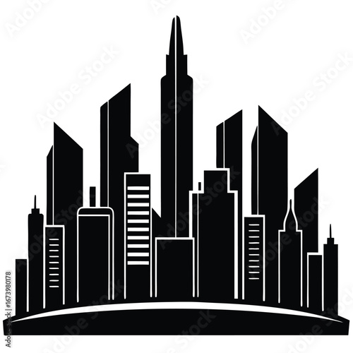 Black silhouette of a modern city skyline with varied buildings