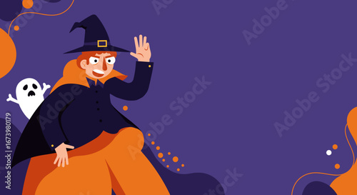 Animated witch or wizard character with a ghost, celebrating Halloween on a vibrant purple and orange background. Ideal for holiday promotions and spooky events.