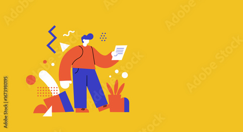 A stylized person reviews a document, surrounded by abstract geometric shapes and a plant on a bright yellow background. Ideal for business, education, or communication themes.
