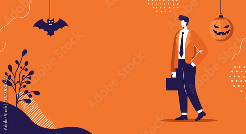 Professional businessman in a suit stands against a vibrant orange Halloween backdrop with spooky bat and jack-o'-lantern decorations. Ideal for seasonal business events and holiday promotions.