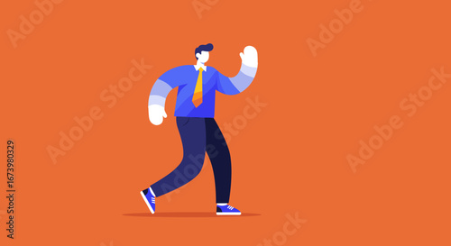 Energetic illustration of a modern businessman confidently striding forward on an orange background, symbolizing progress, determination, and professional success.