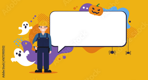 Smiling construction worker with Halloween elements like ghosts, pumpkins, and spiders surrounding a blank speech bubble for festive seasonal messages or business announcements.