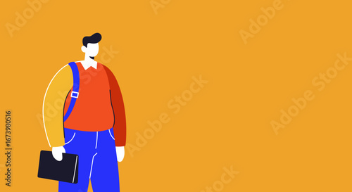 Vibrant illustration of a young student with a backpack and tablet, symbolizing education, digital learning, and a contemporary lifestyle. Ideal for modern learning concepts.