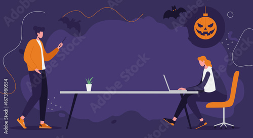 Colleagues working in a festive Halloween office, with one person presenting and another using a laptop. Ideal for seasonal business promotions, holiday events, or creative workspaces.