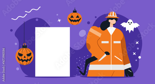 Female worker in Halloween costume standing beside a blank space for text, with spooky jack-o'-lanterns and a ghost. Perfect for holiday promotions or event invitations.