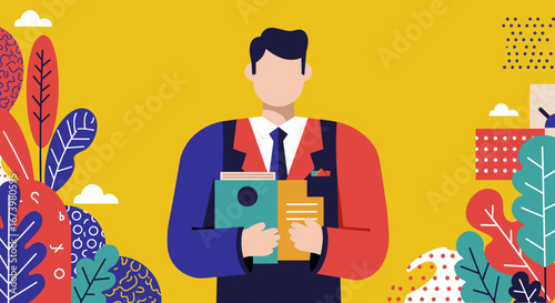 Vibrant illustration of a professional holding books, symbolizing knowledge, education, and career development. Ideal for business, learning, and creative concepts.
