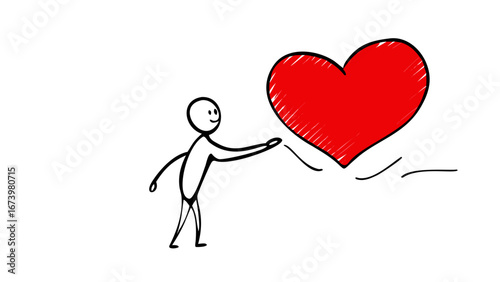 Red heart doodle with white strokes drawing sketch
