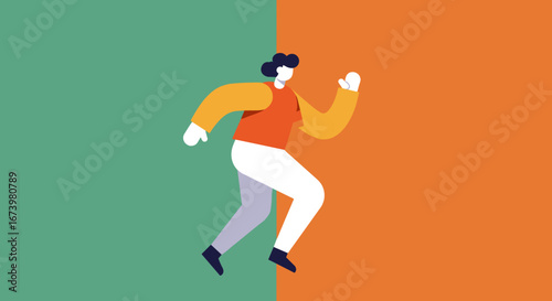 A stylized person runs dynamically across a split green and orange background, symbolizing progress, energy, and forward movement in business or life.