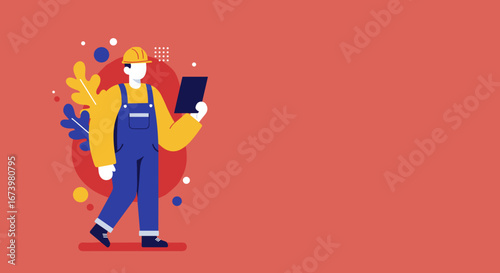 Illustration of a worker in a hard hat and overalls, holding a tablet. Represents construction, maintenance, or service industries. Ideal for business, technology, or workforce concepts.