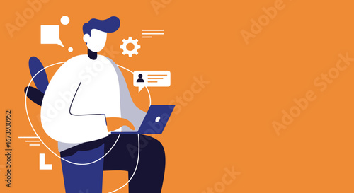 Modern flat illustration of a person working on a laptop with communication and setting icons. Perfect for online work, digital business, remote learning, or tech concepts.