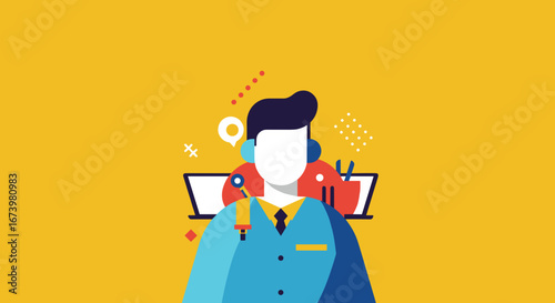 Professional illustration of a customer support agent or IT specialist with a headset, laptop, and tools, symbolizing efficient online assistance and problem-solving for business.