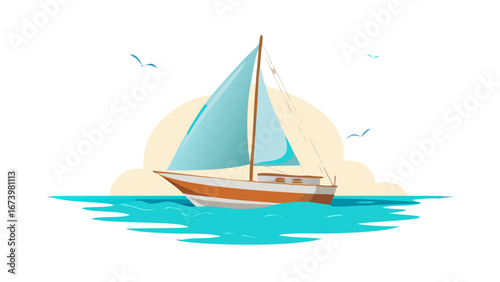 Sailboat on turquoise water with birds sailing ocean