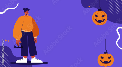 Stylish woman in casual attire holding a handbag on a vibrant purple background with hanging Halloween jack-o'-lantern ornaments, perfect for seasonal promotions or holiday lifestyle content.