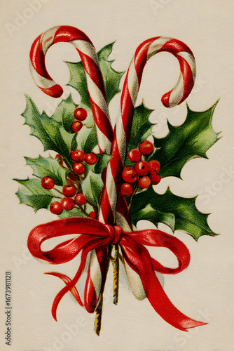 Vintage christmas card illustration of two candy canes tied with red ribbon and holly leaves in retro festive style