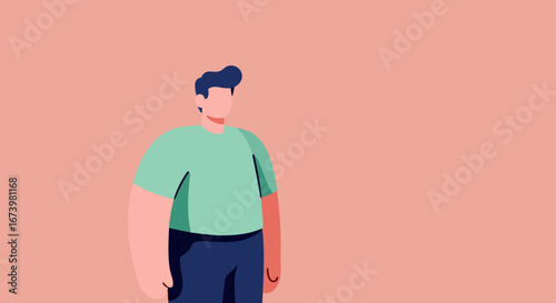 Minimalist illustration of a man with blue hair and a green shirt standing calmly against a solid peach background. Ideal for modern lifestyle, health, or conceptual designs.