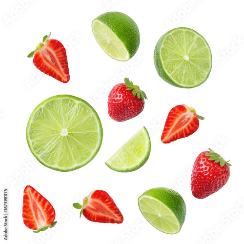 Fresh strawberries and limes isolated on transparent background