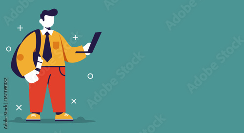 Modern illustration of a professional or student using a laptop with a backpack, representing remote work, online learning, or digital lifestyle concepts.