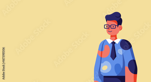 Modern business professional in glasses and tie with a friendly smile, standing against a plain background with copy space. Ideal for corporate and educational content.