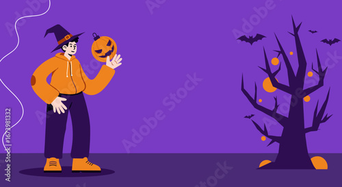 Person in witch hat holds a jack-o'-lantern against a spooky purple Halloween background with a bare tree and bats. Perfect for seasonal marketing.