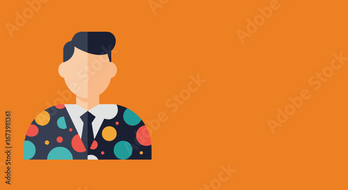 Flat design illustration of a professional man in a colorful polka dot suit, offering a modern business or creative concept with copy space.
