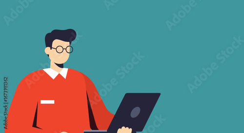 Flat design illustration of a professional person in glasses using a laptop, representing remote work, online education, and digital lifestyle.