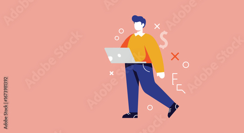 Modern businessman or freelancer walking with a laptop, representing remote work, digital entrepreneurship, and online success. Ideal for business and technology concepts.
