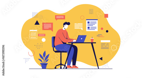 Modern flat illustration of a professional working on a laptop at a desk, embodying digital work, online communication, and efficient productivity.