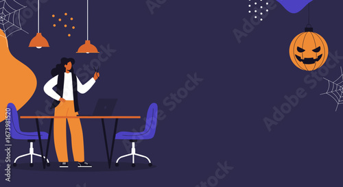 Professional woman standing in a Halloween-themed office workspace with a laptop, ready for festive productivity. Ideal for seasonal business promotions.