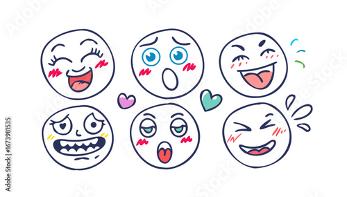 Six expressive cartoon faces with colorful accents