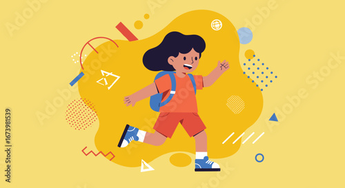 Energetic child with a backpack happily runs across a vibrant yellow background with abstract elements. Represents childhood joy, school, and active learning.