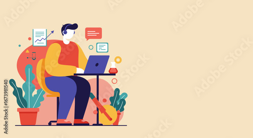 Illustrated man working remotely on a laptop with headphones, surrounded by creative and business elements. Ideal for online learning, remote work, or modern education concepts.