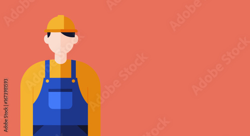 Flat design illustration of a worker wearing a yellow hard hat and blue overalls on a solid background, symbolizing labor, construction, and essential services.