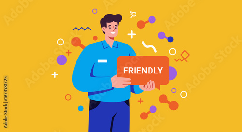 Friendly man illustration holding a speech bubble with 'FRIENDLY' text, conveying warmth, welcome, and excellent customer service for business or positive communication.