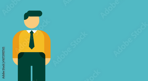 Flat design illustration of a professional businessman in a shirt and tie, standing against a teal background with ample copy space. Ideal for corporate, marketing, and conceptual business themes.