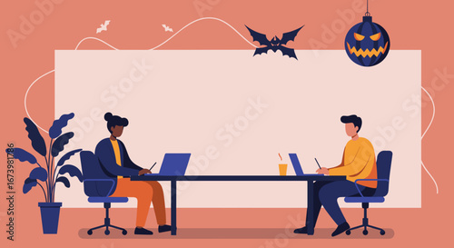 Colleagues work on laptops at a contemporary desk, celebrating Halloween with festive decorations and a blank copy space for text.