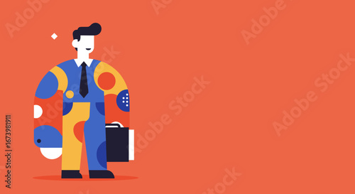 A vibrant, modern illustration of a confident businessman with a briefcase, embodying innovation and professionalism against an orange background. Perfect for corporate and creative concepts.