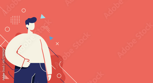 Modern minimalist illustration of a confident man standing against a vibrant coral background with abstract shapes. Ideal for business, lifestyle, or design projects, offering ample copy space.